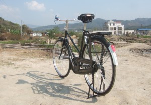 Bicycle balanced on its stand raising its rear wheel off the ground in China