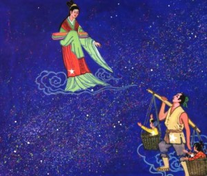 On the edge of the Milky Way the Weaving Girl (Vega) watches the Herd Boy (Altair) bearing children in baskets at opposite ends of right shoulder-borne bamboo pole.